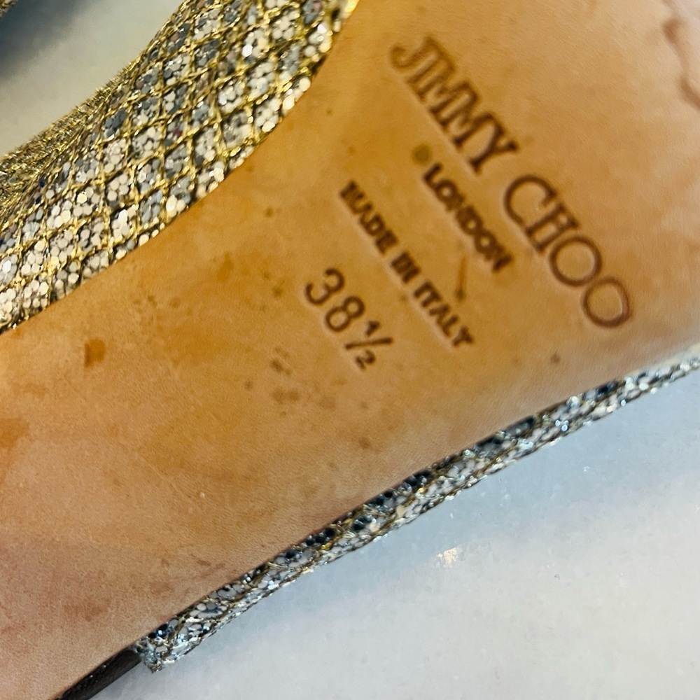 Jimmy Choo 38.5 8.5 Nova Champagne Glitter Gold Silver Peep Toe Sling Back Heels - Picture 11 of 12